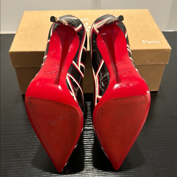 Christian Louboutin Pigalle 100 Patent Black and Red Ribbon Logo - Picture 5 of 5